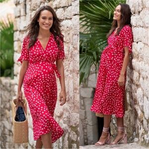 Seraphine Red Midi Wrap Maternity Dress Floral Print US 2 Petite